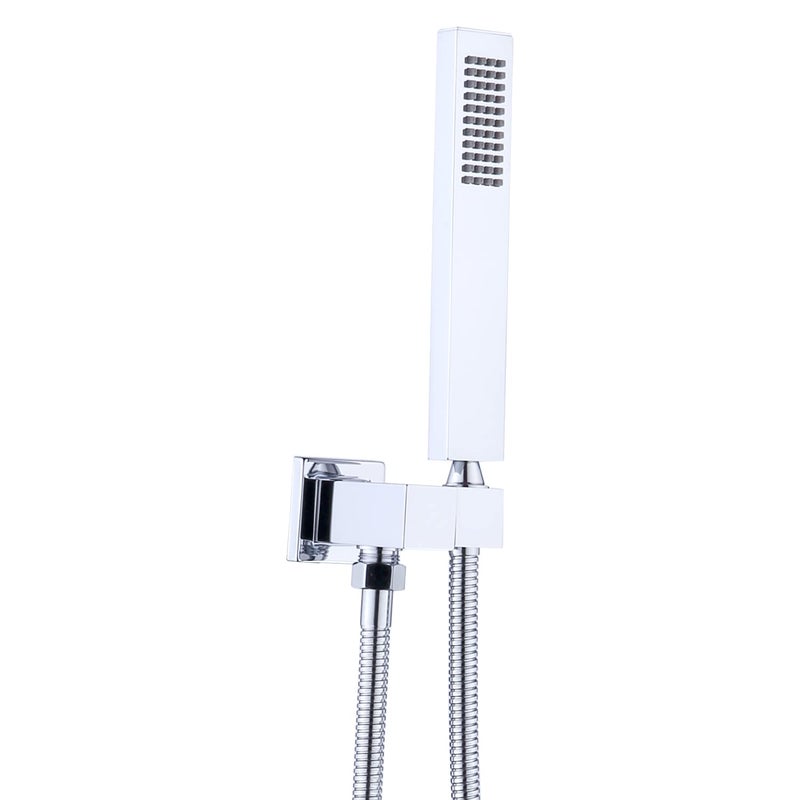 ENGA Square Solid Brass Hand Held Wand Shower Head with Wall Connector and Stainless Steel Hose Set, Chrome - Image 1
